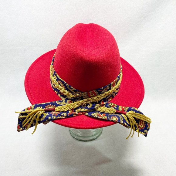 Custom Red Fedora with Gold Braid & Paisley Scarf Detail NWT main image 4